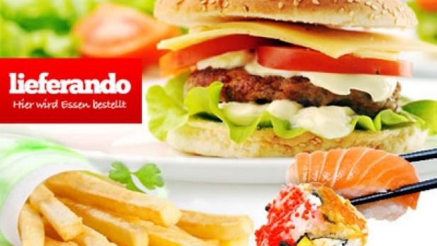 Ein Burger, Pommes und Sushi sind abgebildet; im Hintergrund das Logo von Lieferando.