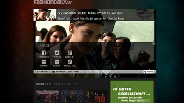 Ein Screenshot von FashionDaily.tv mit Informationen zur New York Fashion Week und Marc by Marc Jacobs.