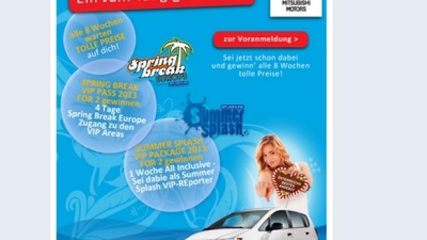 Eine Werbeanzeige für Mitsubishi mit Gewinnspielen für Spring Break und Summer Splash sowie einem Mitsubishi Colt.
