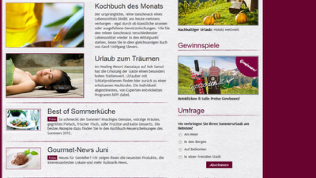 Die Webseite ichgeniesse.at zeigt frisches Obst und Gemüse, Rezeptideen und Urlaubstipps.