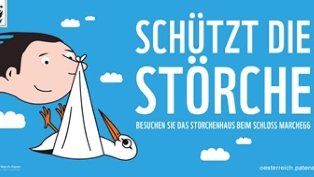 Eine Illustration im Comicstil fordert dazu auf, Störche zu schützen.