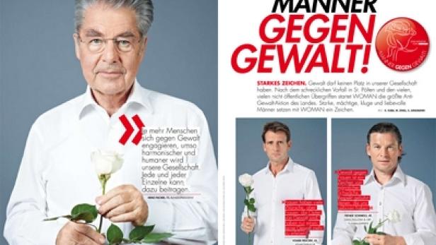Ein Mann hält eine weiße Rose als Zeichen gegen Gewalt an Frauen.