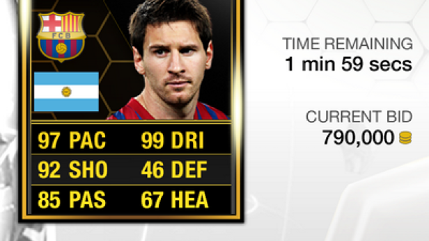 Ein Screenshot der FIFA Ultimate Team App mit einer Messi-Spielerkarte.