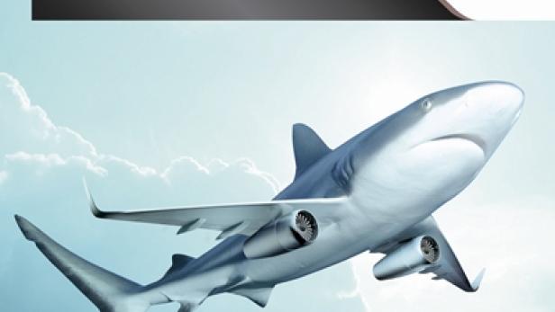 Ein Hai mit Flugzeugflügeln und Triebwerken fliegt durch den Himmel.