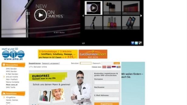 Ein Screenshot einer Webseite mit Werbung für Revlon-Kosmetik und sms.at.