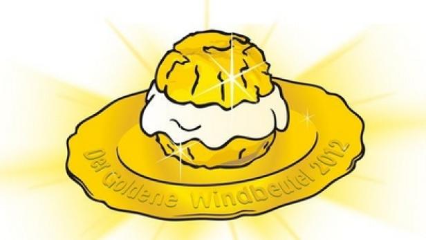 Ein stilisierter goldener Windbeutel mit Sahne auf einem goldenen Teller, beschriftet mit „Der Goldene Windbeutel 2012“.