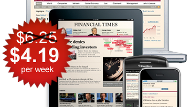 Verschiedene Geräte zeigen die Website der Financial Times, beworben mit einem Wochenpreis von 4,19 Dollar.