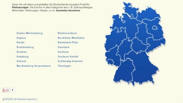 Die Webseite von Bazar.de mit einer blauen Karte von Deutschland.