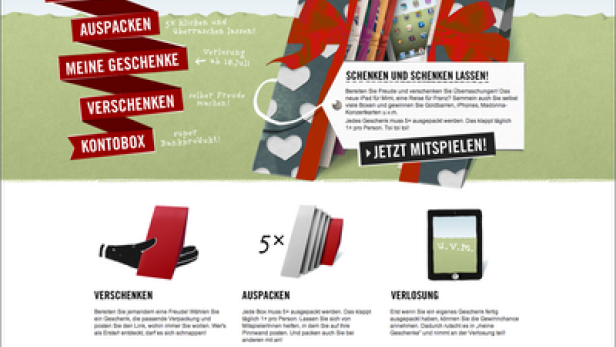 Eine Webseite der Bawag PSK, die für ihre „Geschenkebox“ wirbt.