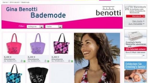 Webseite von Ernsting’s family mit Bademode der Marke Gina Benotti und einer lächelnden Frau im Bikini.