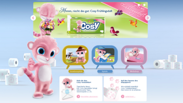 Die Webseite von Cosy Toilettenpapier mit einem pinkfarbenen Maskottchen.
