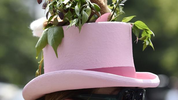 Eine Frau trägt einen extravaganten rosa Hut mit einem Stofftier und einem Schild mit der Aufschrift „Oops Right Crowd…“.