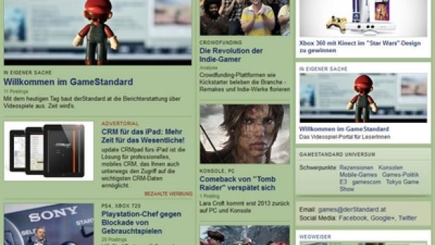 Die Webseite derStandard.at, Bereich Games, mit Artikeln über Videospiele und Konsolen.
