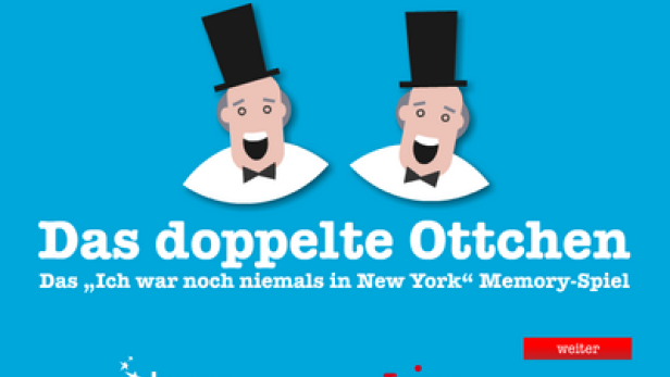 Werbung für „Das doppelte Ottchen“, ein Memory-Spiel zu „Ich war noch niemals in New York“.