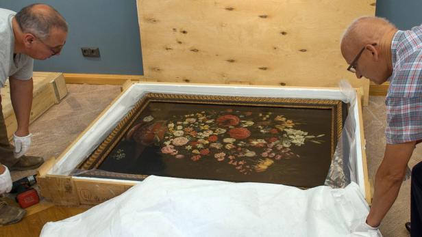&quot;Blumenstrauß in einer skulptierten Vase&quot; von Jan Brueghel d.J. (hier bei einer Ausstellung im polnischen Wroclaw)