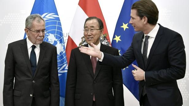Alexander Van der Bellen, Ban Ki-moon und Sebastian Kurz.