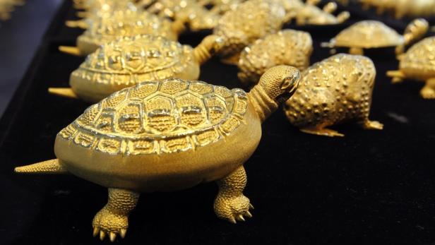 Gold turtles and toads are displayed at a jewellery shop in Seoul April 21, 2011. Gold prices hit record highs for a fifth session on Thursday and silver rallied to its strongest since 1980 as the dollar slid to a three-year low against a basket of major currencies and oil prices rallied. REUTERS/Jo Yong-Hak (SOUTH KOREA - Tags: BUSINESS)