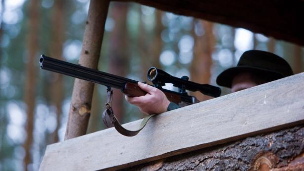 Ein Jäger zielt mit einem Gewehr mit Zielfernrohr von einem Hochsitz aus.