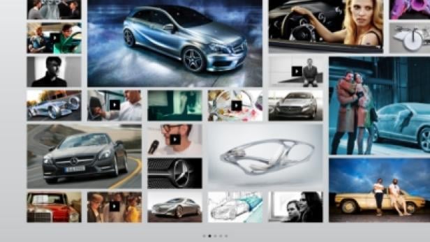Eine Collage verschiedener Bilder von Mercedes-Benz Fahrzeugen und zugehörigen Themen.