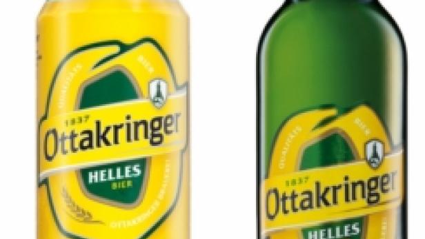 Eine Dose und eine Flasche Ottakringer Helles Bier stehen nebeneinander.