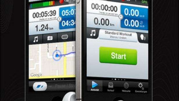 Zwei Smartphones zeigen die Runtastic Pro App mit GPS-Coach und Trainingsdaten.