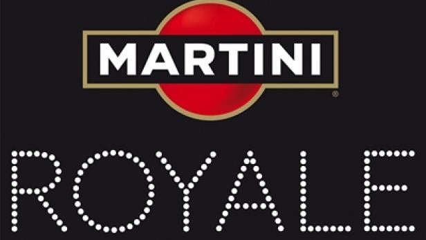 Das Martini-Logo und der Schriftzug „Royale“, dargestellt durch weiße Punkte, auf schwarzem Hintergrund.