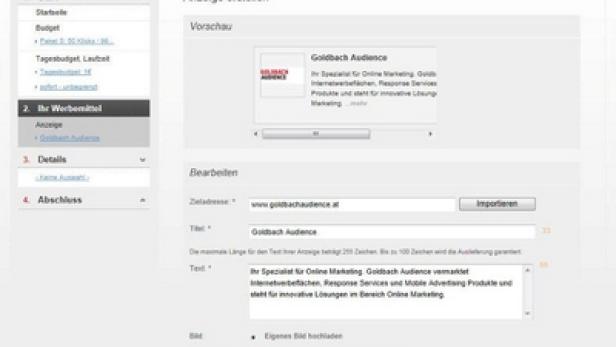 Ein Screenshot der Anzeigenerstellung für „Goldbach Audience“ auf der Austrian Performance Network Plattform.