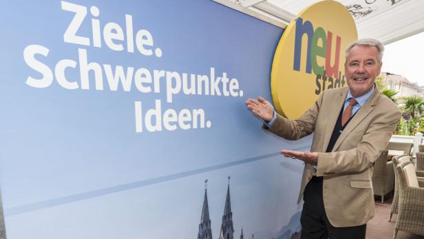 Ein Mann präsentiert eine Werbetafel mit den Worten „Ziele. Schwerpunkte. Ideen.“.