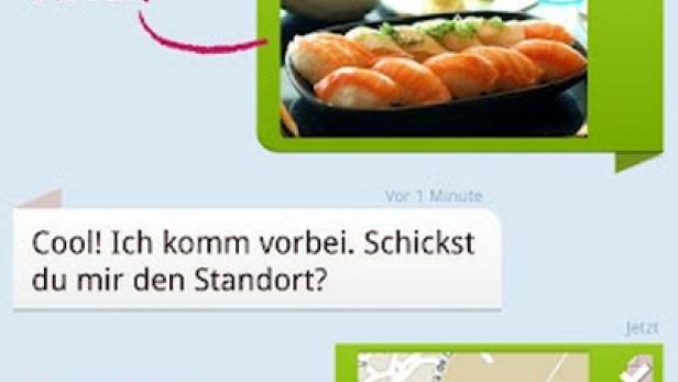 Ein Screenshot einer Chat-Konversation mit Bildern von Sushi und einem Standort.