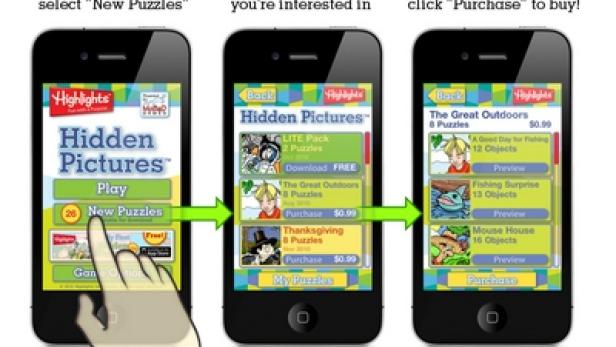 Die Bildschirme einer App zeigen, wie man neue Suchbilder-Rätsel kauft.
