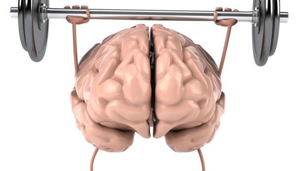 Ein animiertes Gehirn hebt eine Hantel.