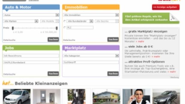 Die Startseite der „krone.at“-Kleinanzeigen mit Suchfeldern für Auto, Immobilien, Jobs und Marktplatz.