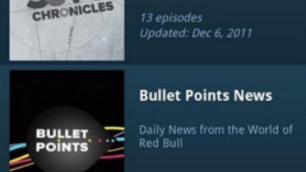 Ein Screenshot der Red Bull TV App mit den Sendungen „Snowboard Chronicles“, „Bullet Points News“ und „Surf Chronicles“.