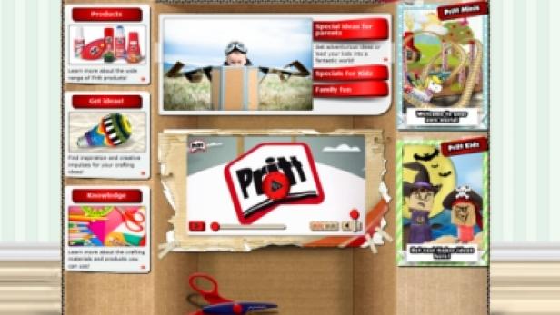 Die Webseite von Pritt präsentiert Bastelideen und Produkte in einer geöffneten Pappschachtel.