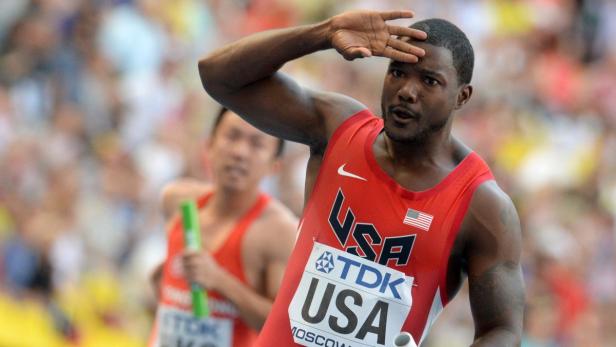 epa03829283 Justin Gatlin of USA reacts after the men&#039;s 4x100m relay Round 1 at the 14th IAAF World Championships in Athletics at Luzhniki Stadium in Moscow, Russia, 18 August 2013. EPA/BERND THISSEN