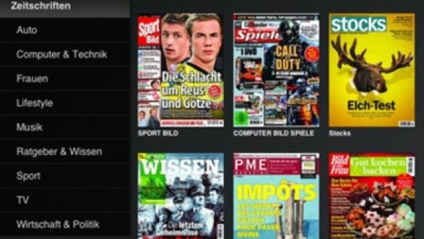 Ein iPad-Bildschirm zeigt die iKiosk-App mit verschiedenen Zeitschriftencovern.