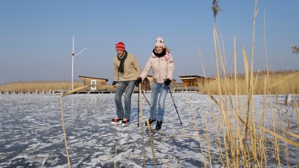 Ein Paar gleitet auf Schlittschuhen über eine gefrorene Fläche mit Schilfgras im Vordergrund.