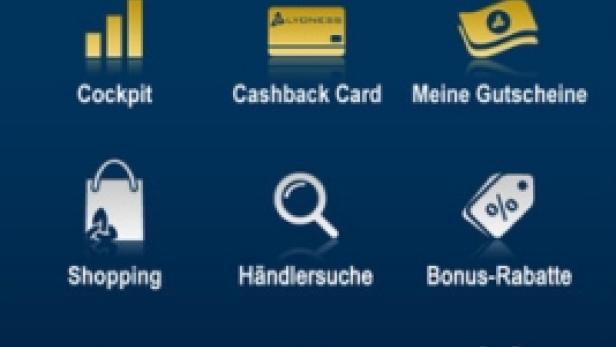 Ein Smartphone-Bildschirm zeigt die App von Lyoness mit verschiedenen Icons.