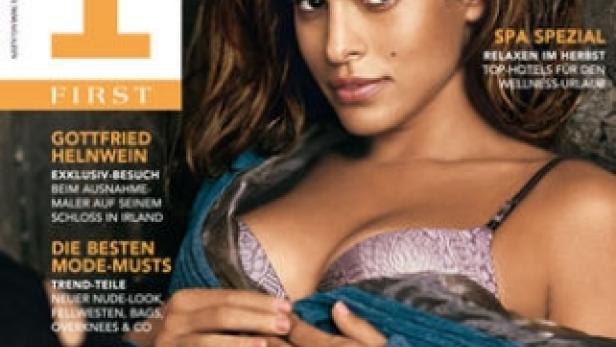 Das Cover der Zeitschrift „First“ zeigt ein Porträt von Eva Mendes.