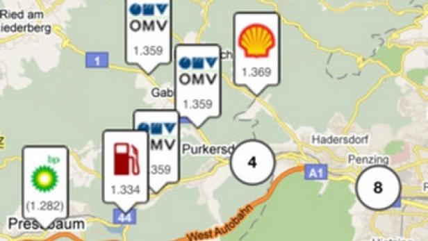Ein Screenshot einer ÖAMTC-App mit einer Karte von Tankstellen und Dieselpreisen.