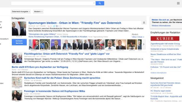 Ein Screenshot der Google News-Seite mit Schlagzeilen über ein Treffen zwischen Orban und Faymann.