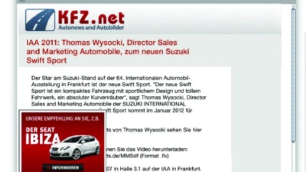 Ein Screenshot der Webseite KFZ.net mit Informationen zum Suzuki Swift Sport und einer Werbung für den Seat Ibiza.