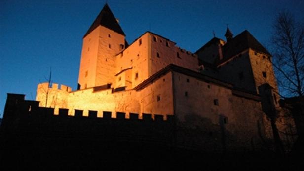 Eine mittelalterliche Burg wird nachts von unten angestrahlt.