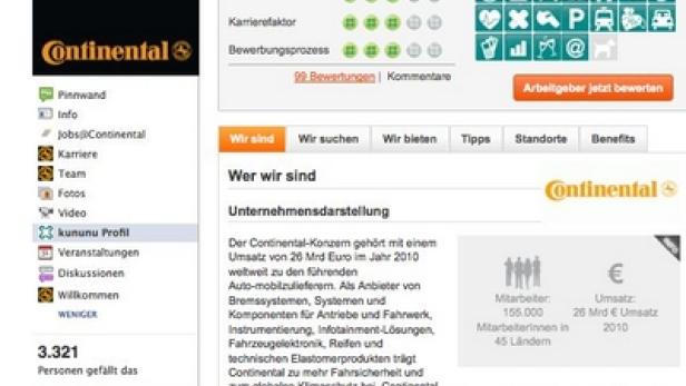 Ein Facebook-Screenshot der Karriereseite von Continental mit Informationen zum Unternehmen und Bewertungen.