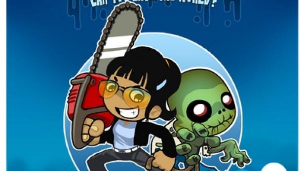 Ein Cartoon-Mädchen mit Kettensäge und ein Zombie vor einer nächtlichen Stadtkulisse für das Spiel „Zombies! Can You Save The World?“.