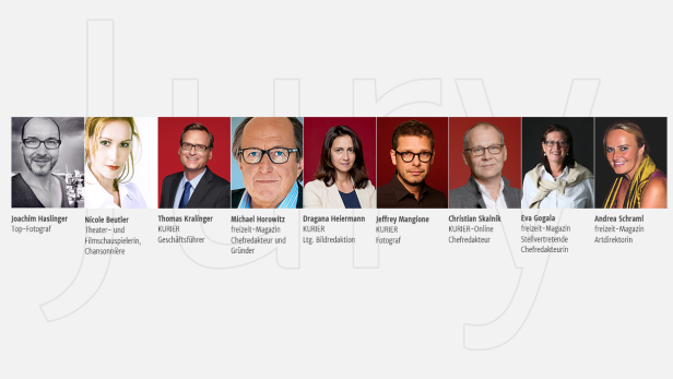 Porträts von Joachim Haslinger, Nicole Beutler, Thomas Kralinger und weiteren Mitarbeitern des KURIER und freizeit-Magazins.