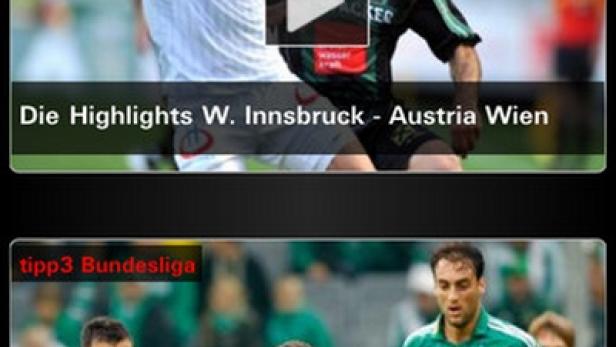 Ein Screenshot der LAOLA1-App mit Fußball-Highlights von W. Innsbruck gegen Austria Wien und Rapid Wien gegen SV Ried.