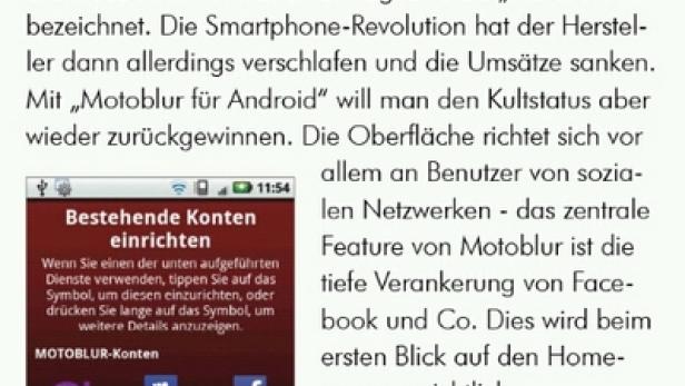 Ein Artikel über Motorola Motoblur aus dem Jahr 2011 mit Screenshots der Benutzeroberfläche.