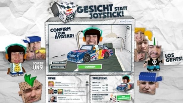 Ein Screenshot der Red Bull „Gesicht statt Joystick“-Website mit Avataren und einem Rennspiel.