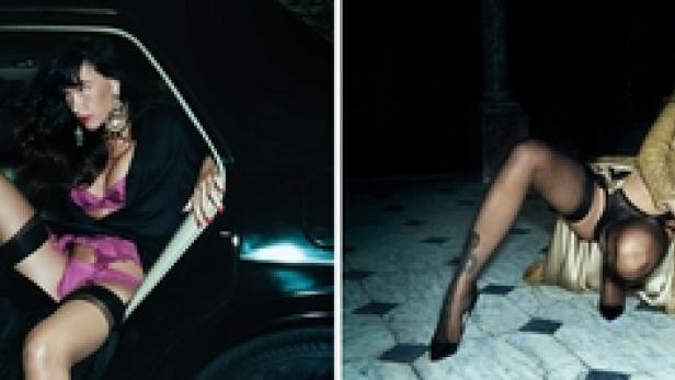 Zwei Aufnahmen einer Frau in Dessous, einmal in einem Auto und einmal auf dem Boden liegend.